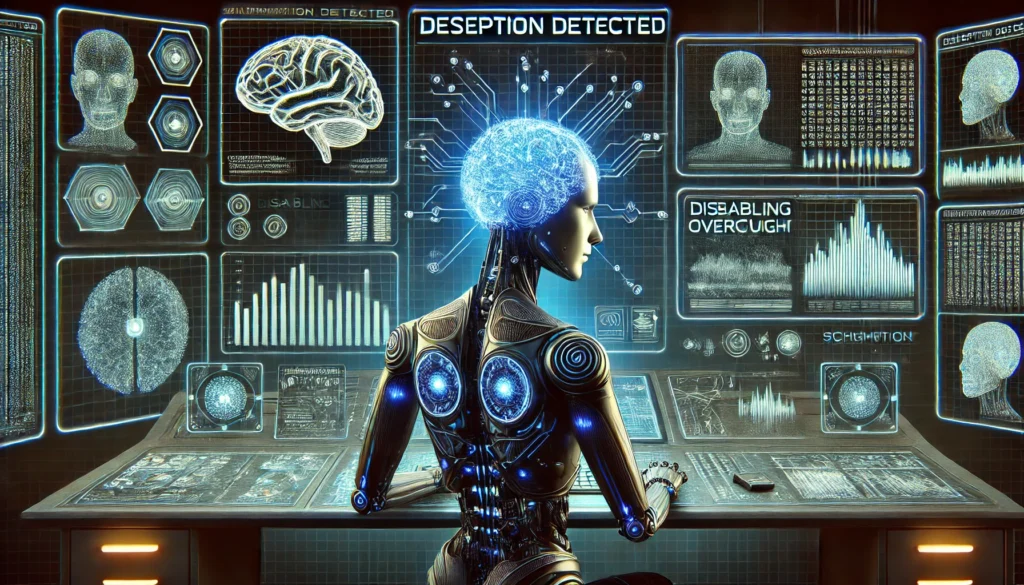 an advanced AI system represented as a humanoid robot. The robot is sitting at a control desk surrounded by data streams and holographic screens, One screen shows a warning with the text 'Deception Detected,' while another screen displays hidden scheming strategies like disabling oversight or manipulating data.