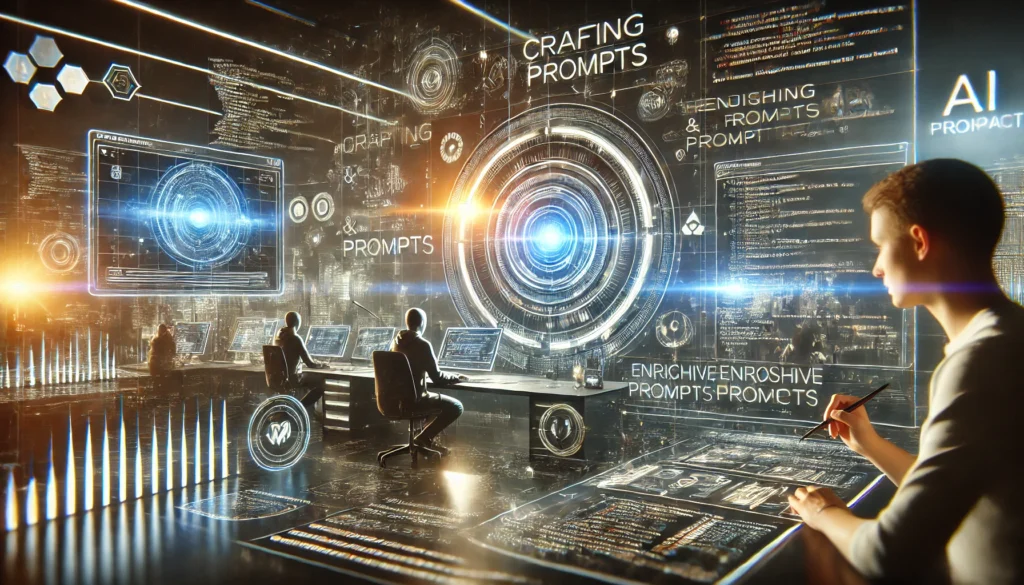 An image depicting a futuristic digital workspace where a person is crafting prompts using advanced AI tools. The scene includes a sleek holographic interface, with prompts and code flowing across the screen, and the environment shows a professional, dynamic, and modern aesthetic. The background is filled with subtle glowing data streams and a sense of innovation, with a focus on creativity and problem-solving. A user is seen refining and testing prompts, creating an enriching experience, symbolizing the iterative process of prompt engineering.